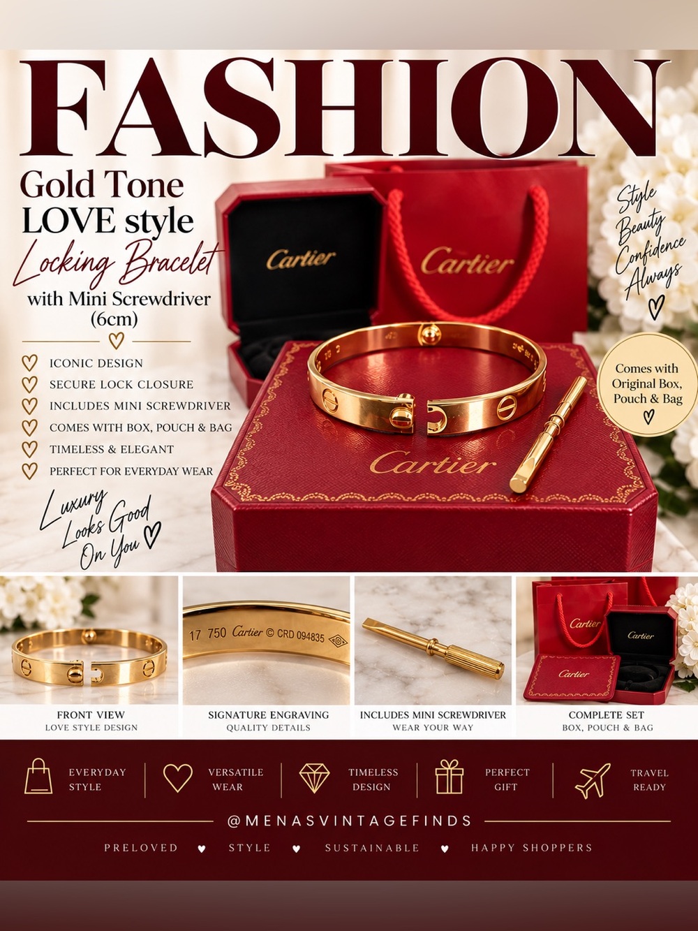 Gold Tone ‘Love Style’ Locking Bracelet (6cm) with mini Screwdriver